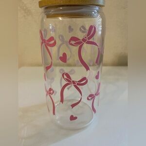 Glass cup with Pink Bows and Hearts
